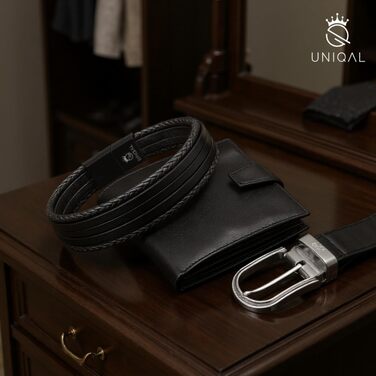 Чоловічий шкіряний браслет UNIQAL 'Premium Style' з нержавіючої сталі, чорний (BLACKY, 19 см)