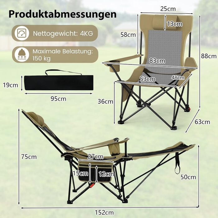 Крісло для кемпінгу та риболовлі Costway з підставкою для ніг, регульованою спинкою, підголівником, тримачем для напоїв та бічною кишенею, складане, хакі
