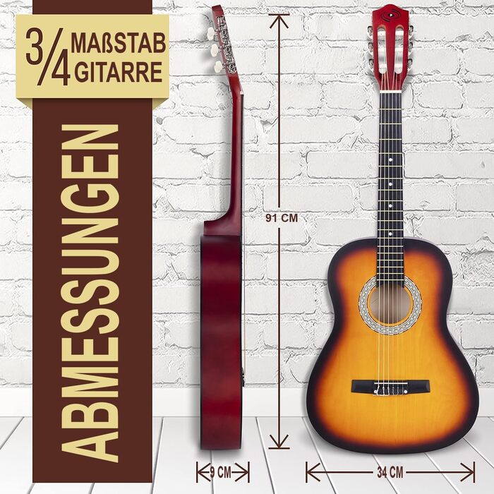 Акустична гітара Pyle для дітей та початківців, ½ розміру, з аксесуарами (сумка, тюнер, медіатор), чорний матовий сонцевий бьорст, 91 см