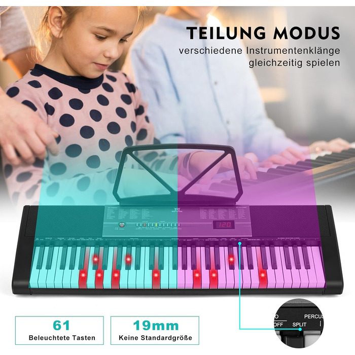 MUSTAR 61-клавішна клавіатура-піаніно для початківців, цифрова клавіатура з підсвічуванням, динаміками, стійкою, табуретом, навушниками, мікрофоном, підставкою для нот, 300 звуків та уроками гри, чорний колір