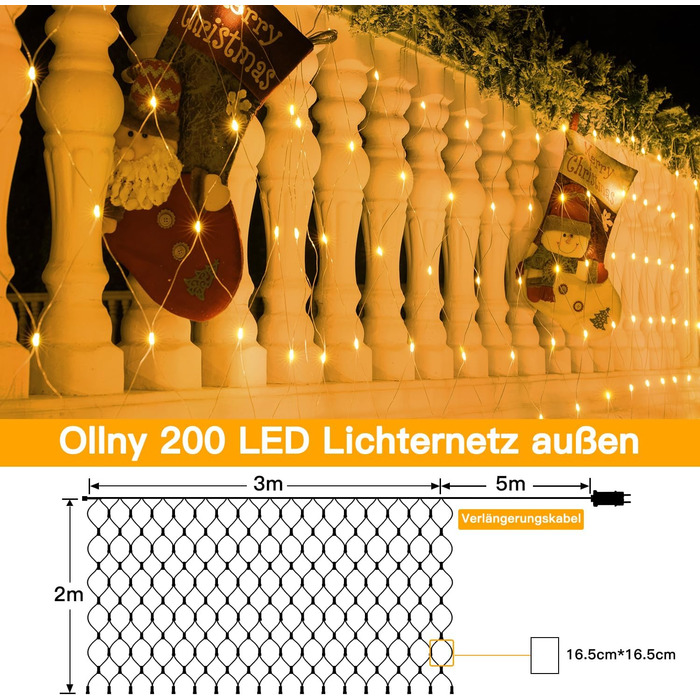 Льод-гірлянда сітчаста на 200 LED, 3x2м, тепле біле світло, з пультом, таймером, вологостійка. Підходить для декорування садів, кімнат, балконів.