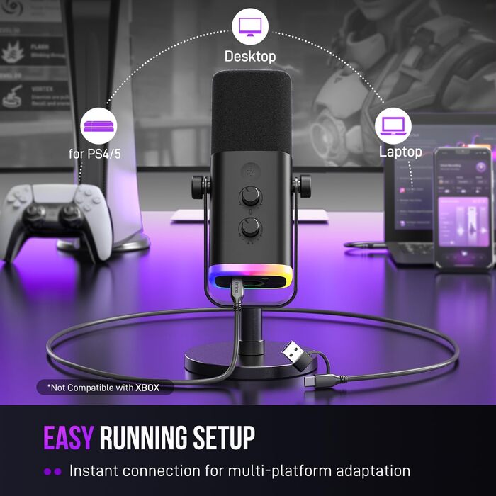 Ігровий мікрофон FIFINE XLR/USB для стрімінгу та подкастів, динамічний студійний мікрофон з RGB-підсвіткою, регулятором підсилення, функцією Mute та роз'ємом для навушників