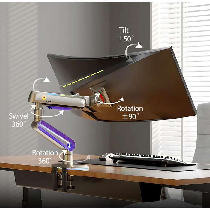 Кріплення для монітора 32-60 дюймів Ultrawide, для моніторів 34/49/57 дюймів, вантажопідйомність до 20 кг, кріплення C-Clamp та Grommet, VESA 75/100 мм (фіолетовий)