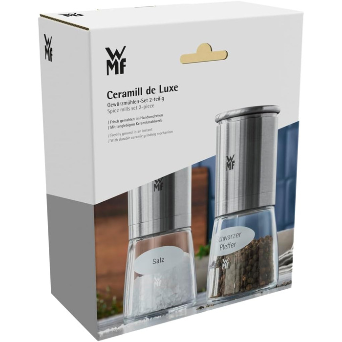 Набір млинців для солі та перцю WMF De Luxe, 2 шт, наповнені, з нержавіючої сталі Cromargan, скла та кераміки, млин для солі, перцю та чилі