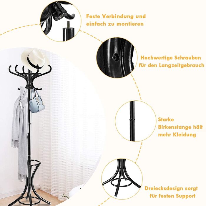 COSTWAY 184cm Wardrobe Rack with Umbrella Holder, Coat Rack with 12 Clothes Hooks, Clothes Rack made of Wood, Freestanding Coat Rack for Entryway, Living Room and Bedroom (Black)