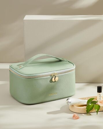 Велика косметичка для жінок, дорожня косметичка з водонепроникної шкіри, портативний косметичний мішечок або сумочка для макіяжу з ручкою та знімним роздільником (зелена)