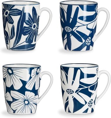 ONEMORE Coffee Mug Set of 4, 355 ml, Porcelain Coffee Cup with Handles, Blue Ceramic Mug for Latte, Cappuccino, Tea, Hot Chocolate, Microwave Safe, Dishwasher Safe, Scratch-Resistant