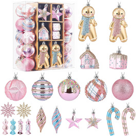 Набір прикрас на ялинку Shareconn 65 шт. з пластику, міцні, з мотузкою, різні розміри та кольори (червоний & білий, макарон)