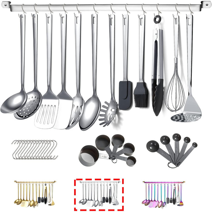 Kyraton Stainless Steel Kitchen Utensils Set, 37-Piece, Kitchen Helper Set, Kitchen Tool Set with Utensil Holder, Cooking Spoon Set Dishwasher Safe