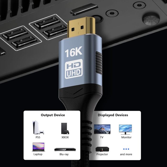 Кабель HDMI 2.2, 2 метри, 96Gbps, 16K/12K/10K/8K/4K@120Hz/240Hz/480Hz, eARC, HDR10+, Dolby Atmos/Vision, HDCP 2.2, для PS5, Xbox, Soundbar, Fire TV, HDTV