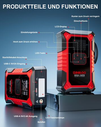 Powerbank з компресором GOOLOO A3 для автомобіля 12V (до 9.0L бензин/6.5L дизель), 3000A, 150PSI, LED дисплей