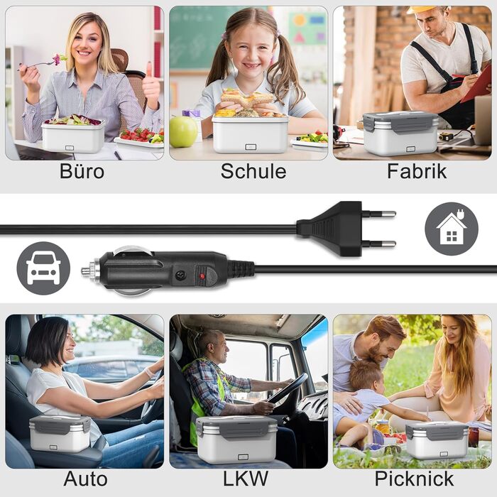 Herrfilk 100W Electric Lunch Box for Adults, 3-in-1 12/24/230V Thermos Lunch Box with Cutlery and Insulated Lunch Bag, Leak-Proof, 1.8 L Large Container, Food Container with Compartments for Car, Truck, Office