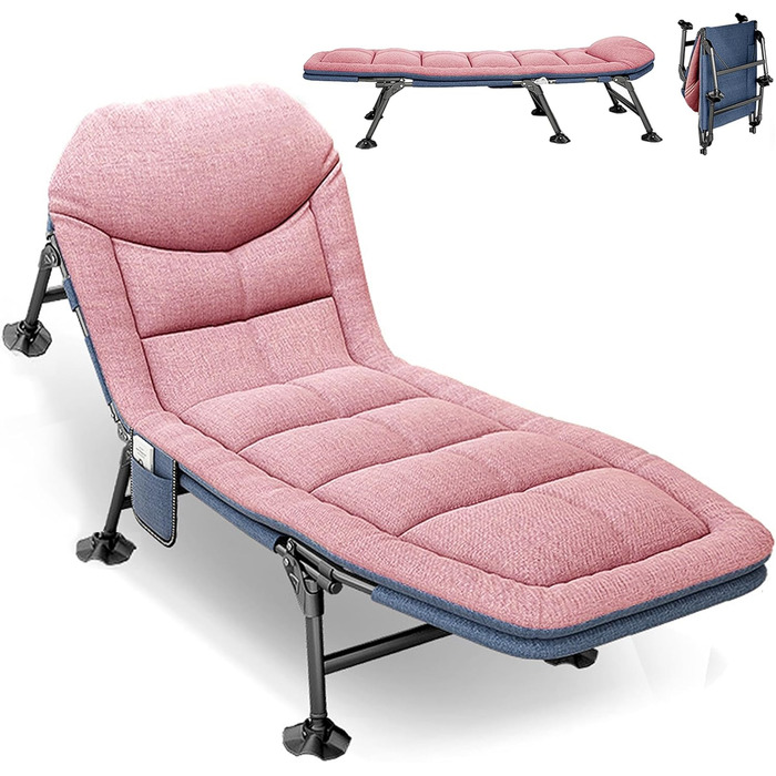 Розкладне ліжко для кемпінгу XXL - широке кемпінгове ліжко, легке, регульована спинка, для відпочинку на природі та вдома (рожеве)