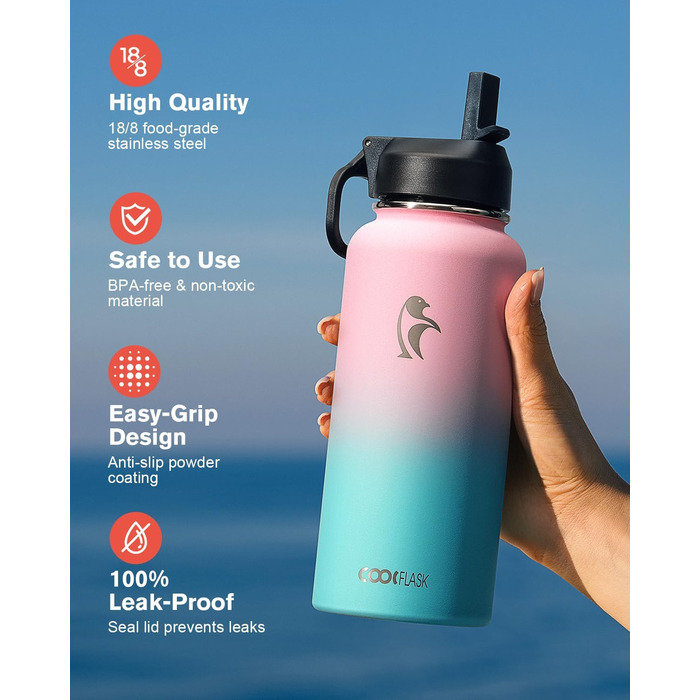 Термопляшка Coolflask 2л з соломинкою та 3 кришками, нержавіюча сталь, для спорту та офісу, герметична (Bubble Gum, 946 мл)