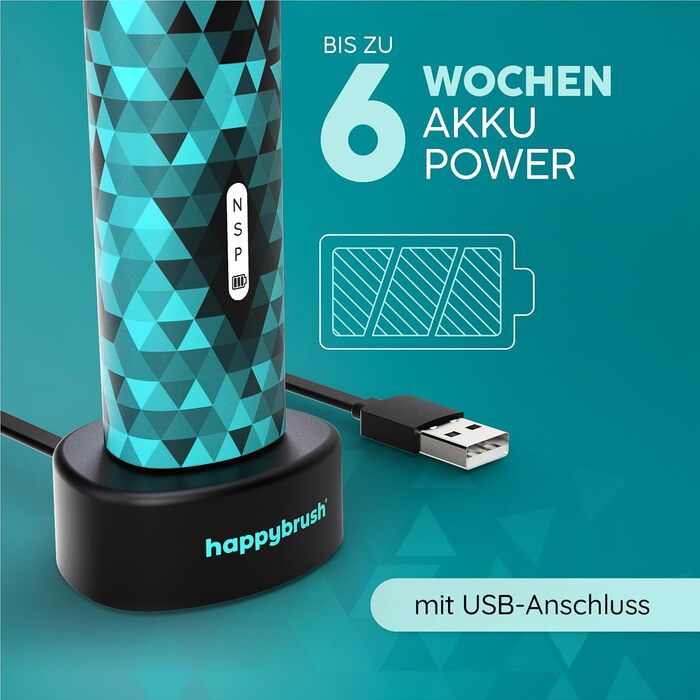 Електрична звукова зубна щітка happybrush® Eco Vibe 3 - Чорний колір - Набір з 4 насадок - Тестовий лідер - 100 днів тестування