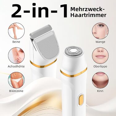 Електричний жіночий епілятор 2-в-1 для обличчя та тіла, з 2 насадками та гребінцем, водонепроникний (IPX7), білий