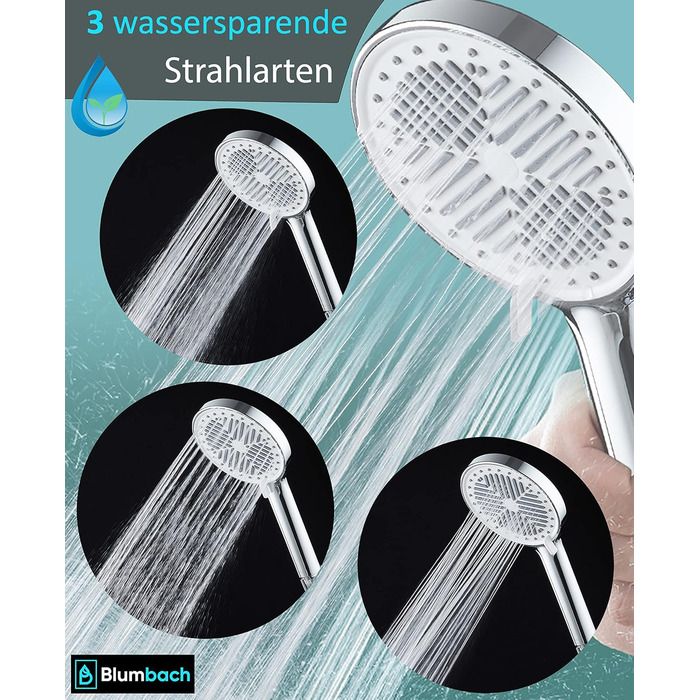 BLUMBACH® Shower Head - Water-Saving - High-Pressure Aqua Joy Shower Head - 8 Spray Patterns, Pressure-Boosting Shower Head, Shower Head, Water-Saving Shower Head, High Water Pressure Strong Jet (6L/Min. 3 Spray Patterns / Water-Saving Shower Head)