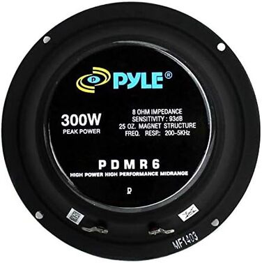 Автомобільна акустика Pyle PDMR6 16,5 см, 300 Вт, середньочастотний динамік, герметична задня частина, паперова мембрана, 93 дБ, 8 Ом