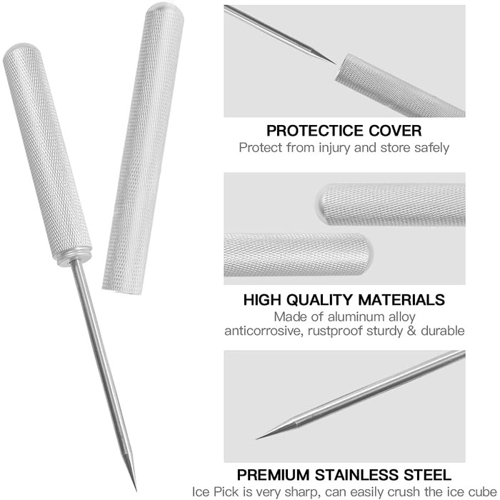 22.9 cm ice pick, aluminum alloy, handle with safety cover for kitchens, bars, bartenders, picnics, camping, and restaurants (Silver)