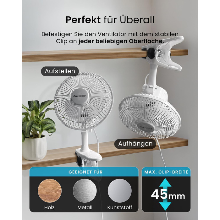 Mini вентилятор Pro Breeze з кліпсою, 20 см, 2 швидкості, тихий, для столу, офісу, кімнати, росту рослин, білий
