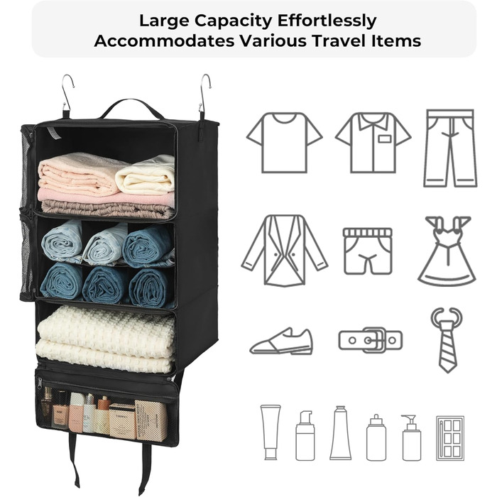 Органайзер для одягу Granny Says з 3 відділеннями, чорний. Підвісний кофр-органайзер для подорожей, компактний, для шафи, у дорогу