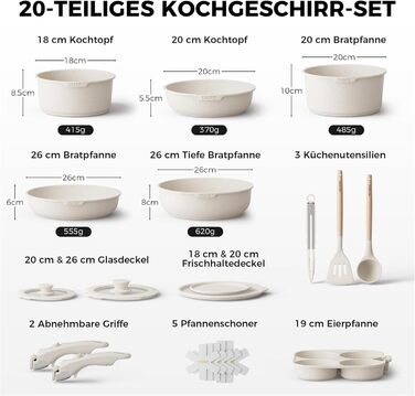 Набір посуду YASHE 20 предметів з антипригарним покриттям, знімні ручки, для індукційних плит, до 230°C, для мийки, можна складати, ідеальний для сімей (Білий)