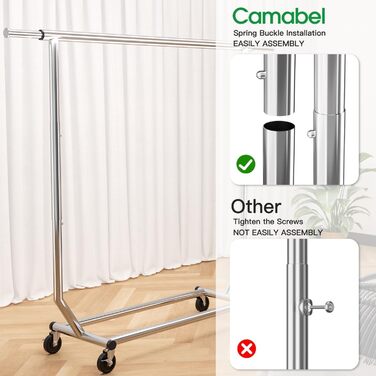 Camabel Clothes Rack with Wheels, 303lbs Clothes Stand, Metal, Adjustable Length 130-189cm (51-75in), Stainless Steel, Wheels, Rolling Garment Rack, Extendable, Clothes Hanger with Brake, Metal Wardrobe Stand