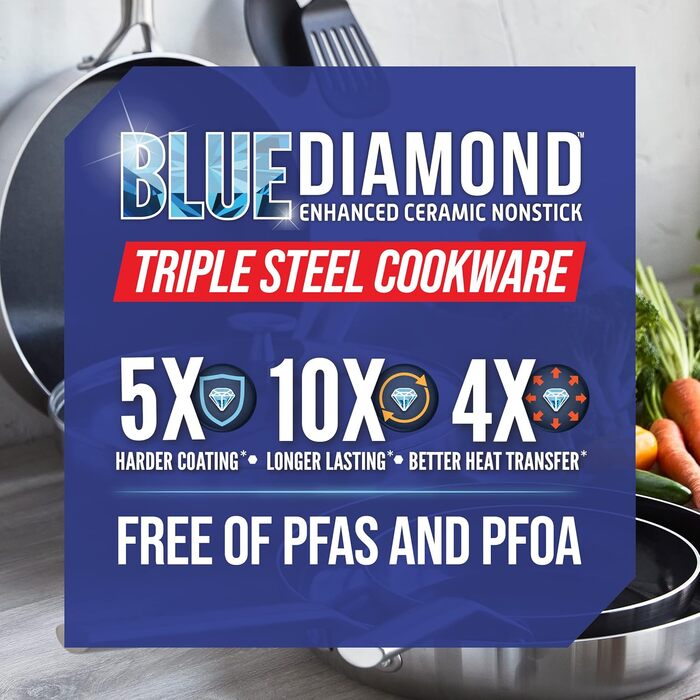 Набір посуду Blue Diamond Cookware 7-частинний з нержавіючої сталі з покриттям Diamant Verstärkte Keramik Antihaft, без PFAS, для індукційних плит, сумісний з духовкою та посудомийною машиною