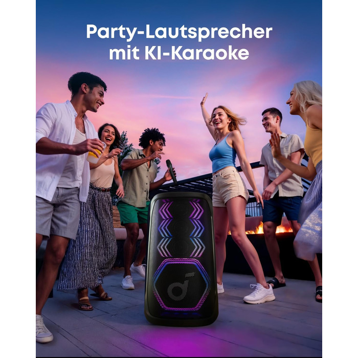 Soundcore PartyBox Rave 3S – портативна колонка з мікрофонами, 200 Вт, Bluetooth, світлодіодна підсвітка, AuraCast, 12 годин роботи, для дому та вулиці