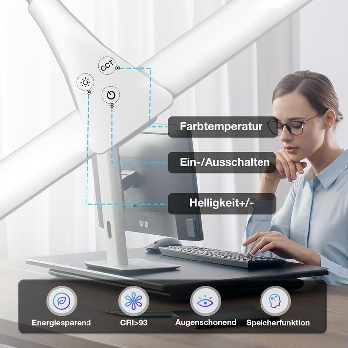 LED лампа настільна для офісу та дому, світло для монітора, 1400 люмен, регульована яскравість, кріплення-прищіпка, світло для робочого столу, гнусий «лебединий шия», подвійний насадка, 5 режимів кольору та рівнів яскравості, білий колір, 80 см