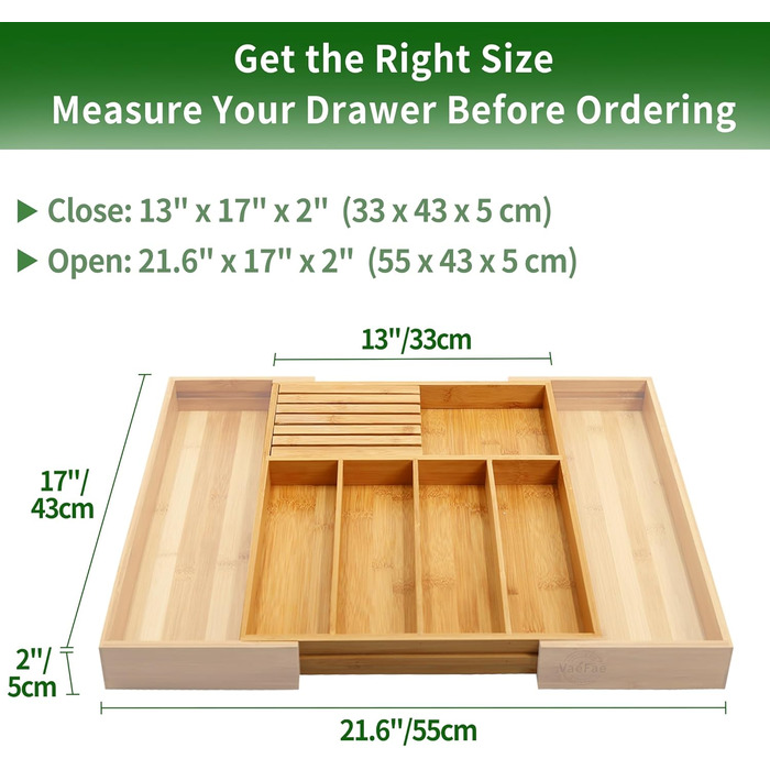VaeFae Bamboo Cutlery Box for Drawers, Expandable Drawer Organizer Kitchen, Cutlery Insert for Drawers with Knife Block, Adjustable Wooden Cutlery Box