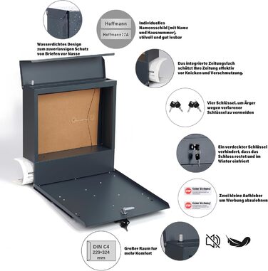 Поштовий ящик Zedelmaier XXL з нержавіючої сталі, індивідуальне гравіювання, 35x35 см, 4 ключі, для листів B5/C4, RAL 7016 Антрацит