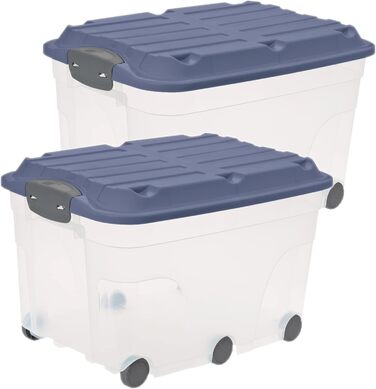Rotho Roller 6 2-Piece Storage Box Set, 57L with Lid and Wheels, Plastic (Not applicable, Blue/Transparent)
