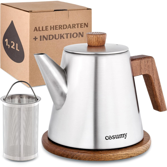 Teapot with infuser and trivet - Stainless steel & FSC wood - Induction and all other stovetops - 1200ml