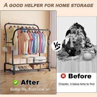 Вішалка для одягу металева подвійна Stabil з 8 гачками та 2 полицями для взуття, чорна – функціональна стійка для спальні