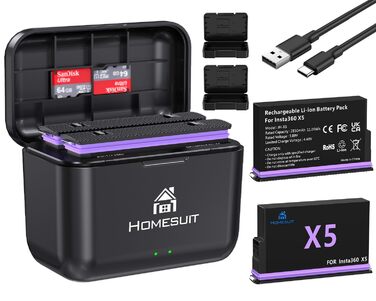 Homesuit Запасний акумулятор Insta360 X5 (2 шт.) 2850mAh + LED-зарядний пристрій з Dual-Slot та Micro SD кардридером (комплект)