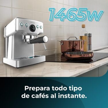 Cecotec Barista Power Espresso Machine, 20 Barista Mini, 1465 W, 20 Bar, Manometer and Thermoblock, Swivel Steam Wand and Dual Outlet Arm, 1.8 Liter Capacity