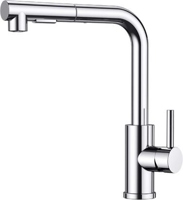 Змішувач для кухні FORIOUS висувний з душем, кухонний, L-подібний, 360° поворот, 2 режими, полірований хром