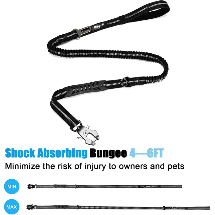 Міцна тактична повід для собак Raiput Bungee, 1.2-1.8 м, без ривка, з карабіном, світловідбиваючий, амортизуючий, з авторемнем безпеки (Чорний, 4-6 FT Bungee)
