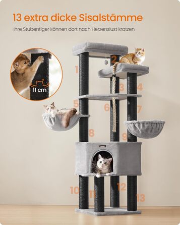 Дерево для котів Feandrea, багатоярусне, XXL, 55 x 186.7 x 55 см, товщина сизалю 11 см, для великих котів (наприклад, Мейн-кун), сіро-чорний колір, артикул PCT008G02