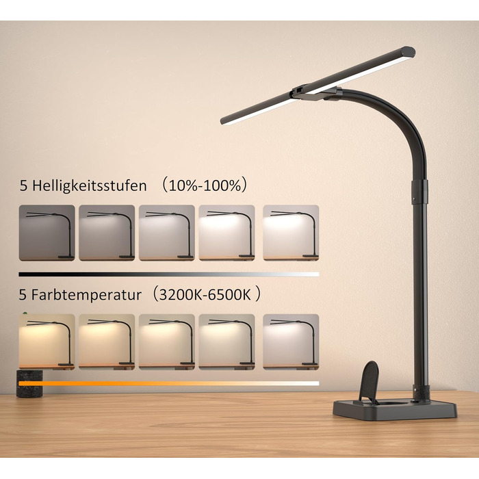 Світлодіодна лампа для столу Doppelkopf з регулюванням яскравості, 24W, 80см, для дому/офісу, денне світло, лампа для столу з шийкою-лебедем (чорна, з підставкою для телефону)