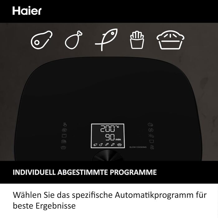 Аерофритюрниця Haier 7 л з вікном, 9 програм, 1700 Вт, LED-дисплей, без олії, для здорового приготування, серія 5 HAF5TWA3, посудомийна, з аксесуарами