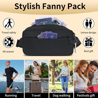 Поясна сумка на пояс для чоловіків та жінок, велика місткість, водонепроникна, з регульованим ремінцем, для активного відпочинку, бігу, ходьби, трекінгу, джогінгу (Чорний)