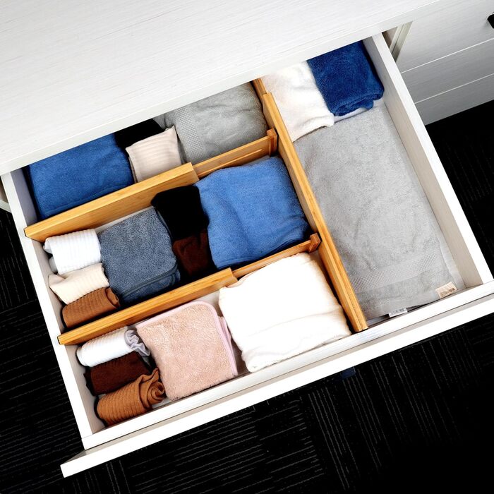 Utoplike Bamboo Adjustable Drawer Divider (4-pack), Large Drawer Organizers with Spring-Loaded for Clothing, Cutlery, Utensils in Kitchen, Bathroom, Bedroom, Baby Drawer, (Natural Color, Small (10H cm))