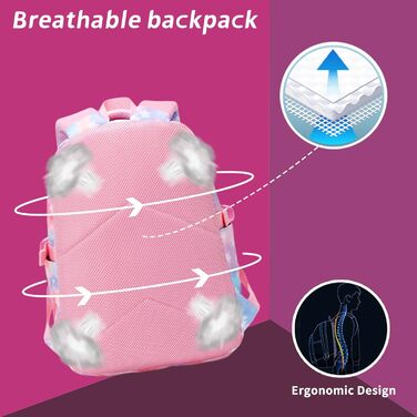 Шкільний рюкзак Tanou для дівчаток 3 шт. з ланч-боксами та пеналом, дихаючий, легкий, 22 л, для 3-9 класів, фіолетовий (рожева зірка)