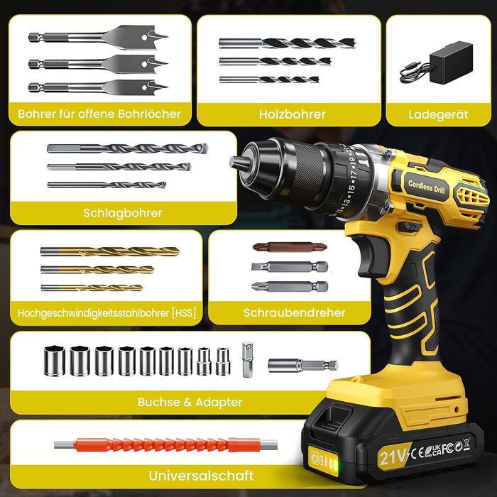 Акумуляторний дриль-шуруповерт 21V з 2 акумуляторами 2000mAh, 45Nm, 25+3 ступені крутного моменту, 10мм патрон, 27 предметів + кейс для домашніх DIY проектів