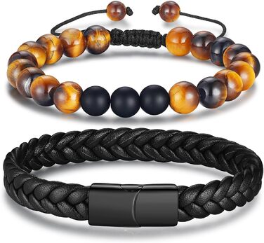 Чоловічий браслет з натуральної шкіри, чорний, плетений, з магнітною застібкою (2 шт.)