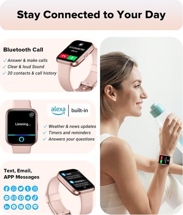 Розумний годинник для жінок з функцією телефону, 1.7' сенсорний екран, крокомір, пульсометр, моніторинг сну, SpO2, нагадування WhatsApp, IP68 водонепроникність, фітнес-трекер, рожевий