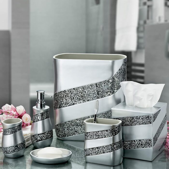 Набір аксесуарів для ванної кімнати Dwellza, срібляний мозаїчний набір, 6 предметів, срібляний, себорер, тримач для зубних щіток, стакан, мильниця, кришка для серветок, сміттєвий бак