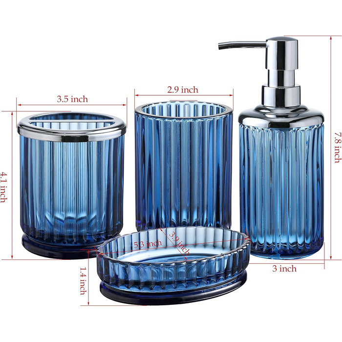 4-Piece Glass Bathroom Accessories Set with Decorative Embossed Pattern, including Hand Soap Dispenser, Cup, Soap Dish, and Toothbrush Holder, Blue-Green (Blue)